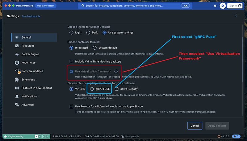 Change virtualization settings